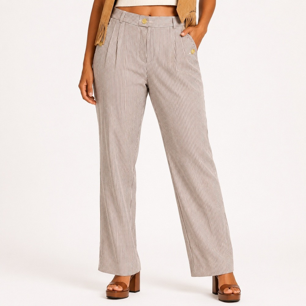 70s Vintage Seersucker Straight Leg Pants Womens 2 Brown White Striped High Rise